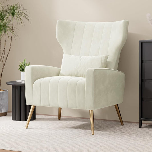 Velvet Accent Chair Wingback for Living Room, High Back Arm Chair with Golden Legs Lumbar Pillow, Upholstered Single Sofa Bedroom Beige