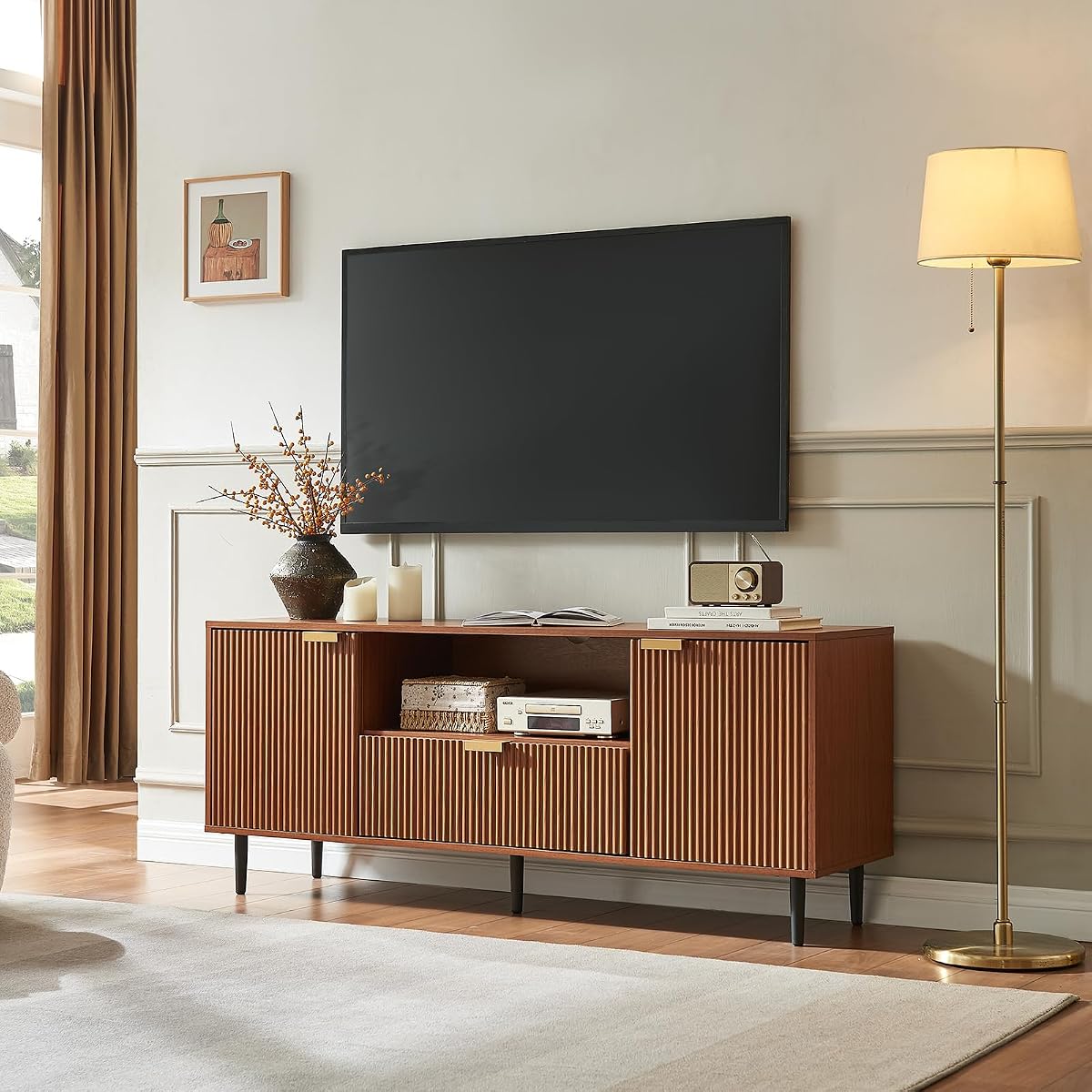 Modern Fluted TV Stand for 65 Inch TVs with Drawer, Walnut
