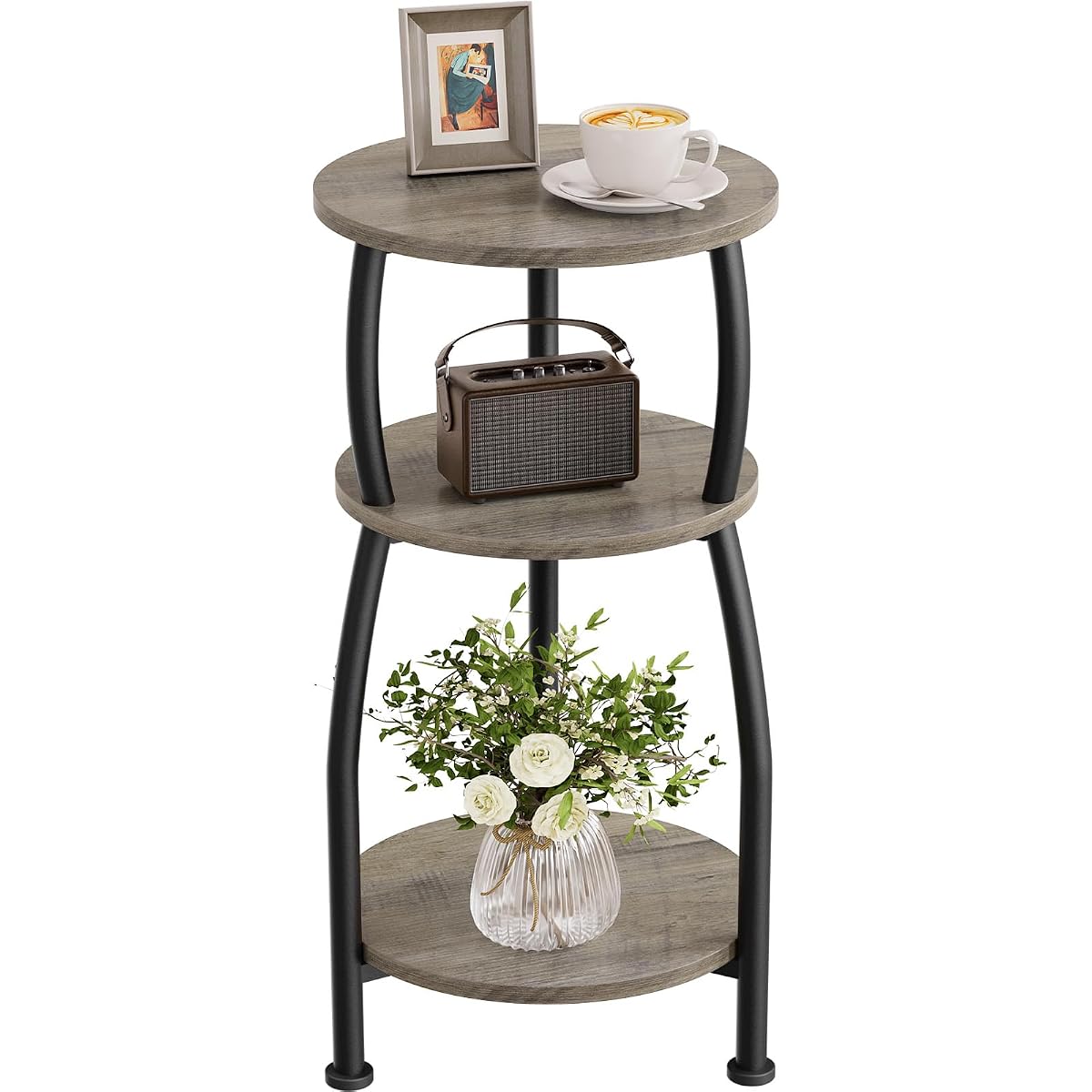 Small Round Side Table, 3-Tier End Table with Storage Shelf, Slim Sofa Table Coffee Table, Sturdy & Easy Assemble Nightstand for Small Spaces, Living Room Bedroom Corner, Grey