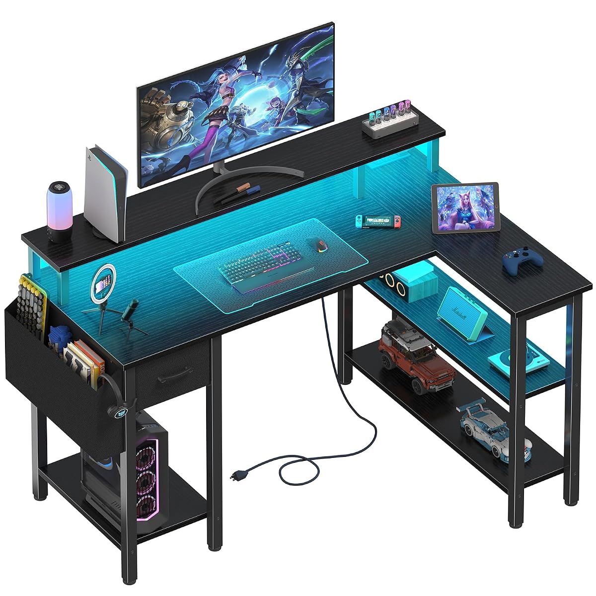 L Shaped Gaming Desk with Storage Shelves