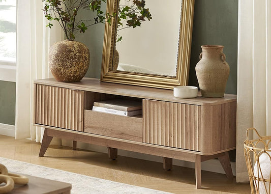 Brooklyn Mid-Century Modern TV Stand, for TVs up to 50” / 59" Waveform Panel, Sleek Curved Profile with Adjustable Shelf and Sturdy Box Frame Leg (Golden Oak, 57")