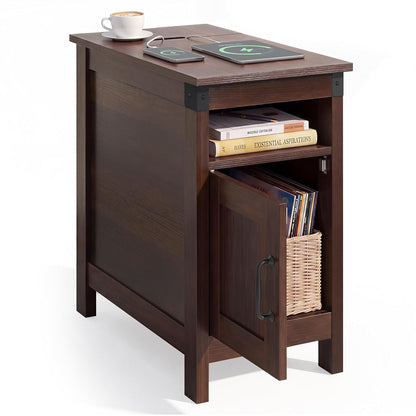 End Table with Charging Station, Narrow Side Table for Living Room, Farmhouse Night Stand with Storage, Small Wooden Nightstand with USB Ports and Outlets for Living Room and Bedroom, Espresso