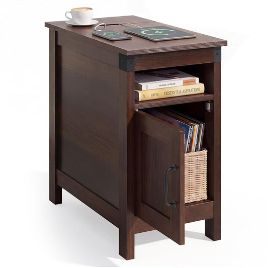 End Table with Charging Station, Narrow Side Table for Living Room, Farmhouse Night Stand with Storage, Small Wooden Nightstand with USB Ports and Outlets for Living Room and Bedroom, Espresso