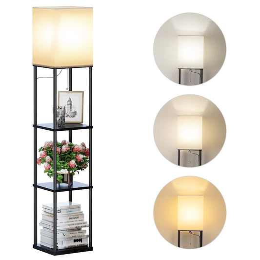 Floor Lamp with Shelves, Modern Square Standing Lamp with 3 Color Temperature Bulb, Corner Display Bookshelf Lamp for Living Room and Bedroom(Black)