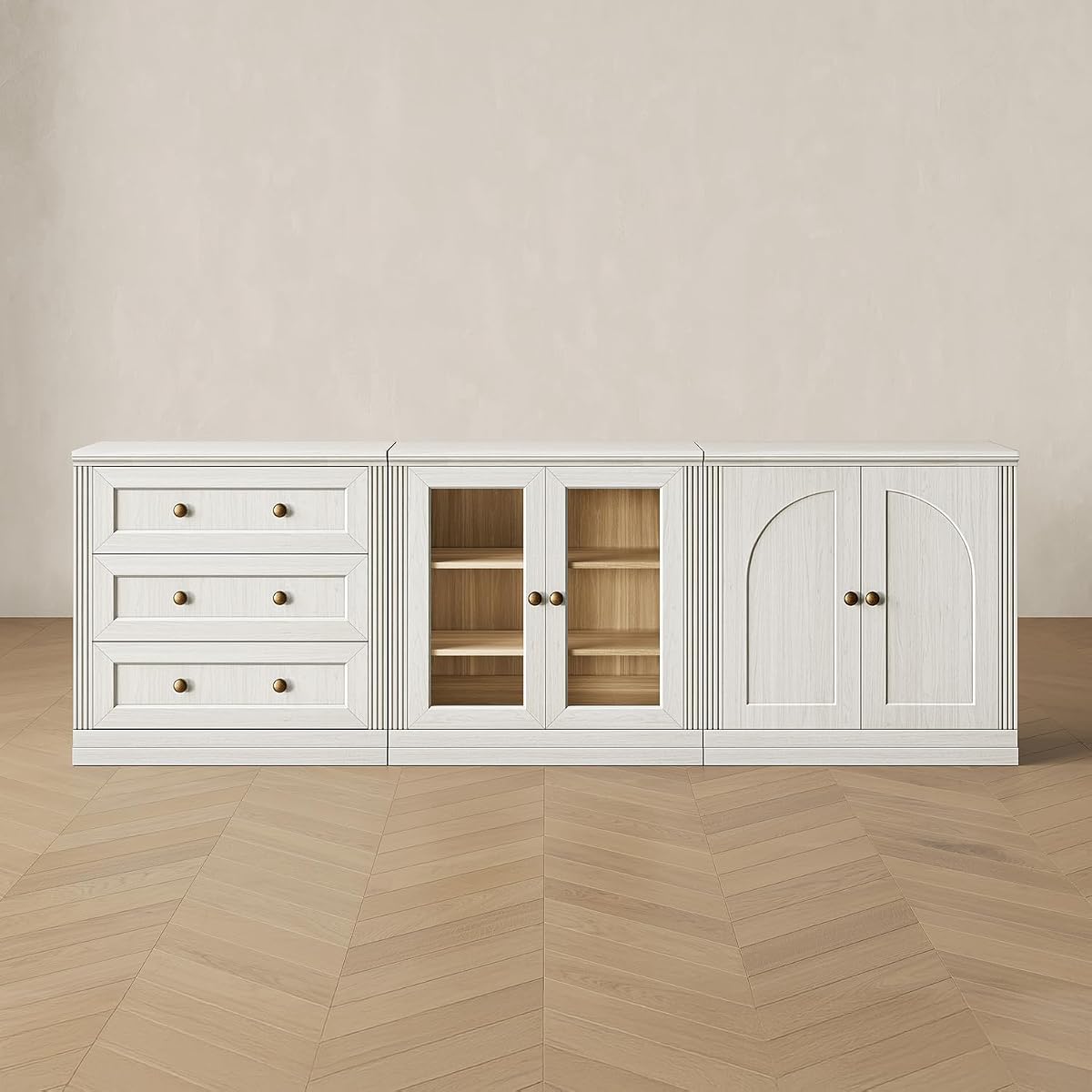 White modular TV stand with drawers and adjustable shelves