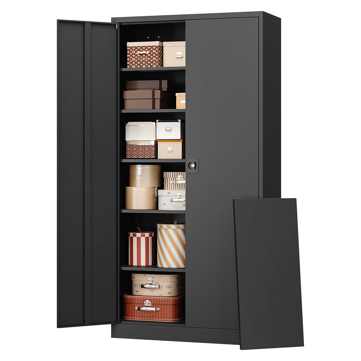 Metal Garage Storage Cabinet with Lock, 71" Locking Tool Cabinet with 2 Doors and 5 Adjustable Shelves, Tall Steel Cabinet Garage for Home,Office,Warehouse，School (Black)