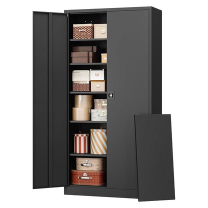 Metal Garage Storage Cabinet with Lock, 71" Locking Tool Cabinet with 2 Doors and 5 Adjustable Shelves, Tall Steel Cabinet Garage for Home,Office,Warehouse，School (Black)