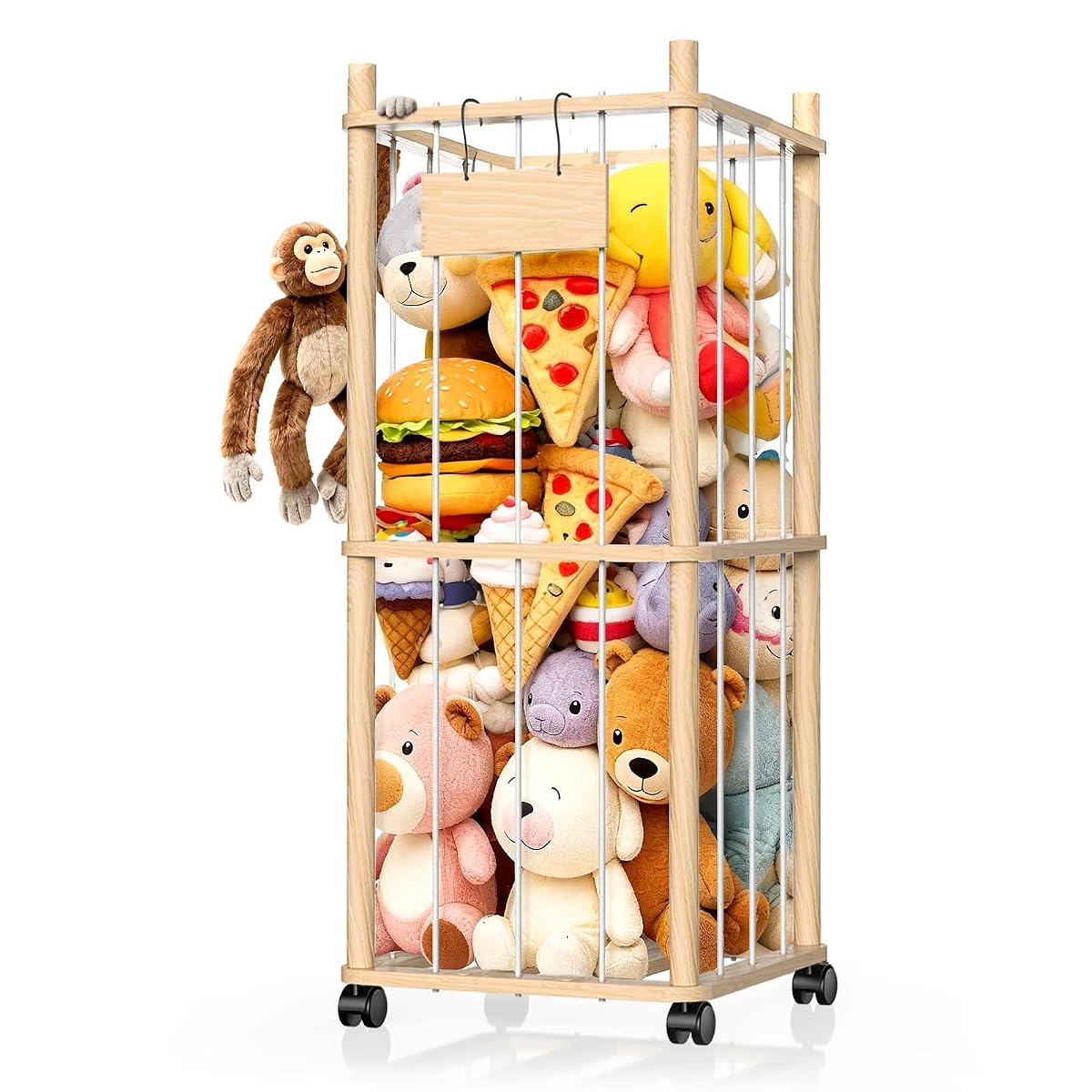 Stuffed Animal Storage Organizer, Wooden Plushies Toy Zoo Holder with Wheels