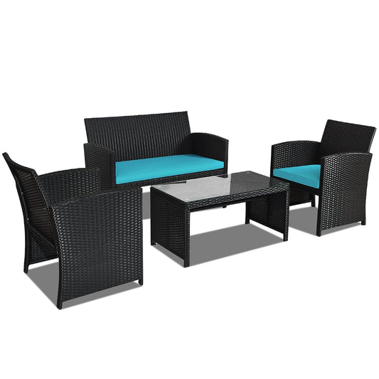 Rattan Patio Furniture Set 4 Pieces, Outdoor Wicker Conversation Sofa and Table Set with Soft Cushions & Tempered Glass Coffee Table for Balcony Garden Backyard (Turquoise)