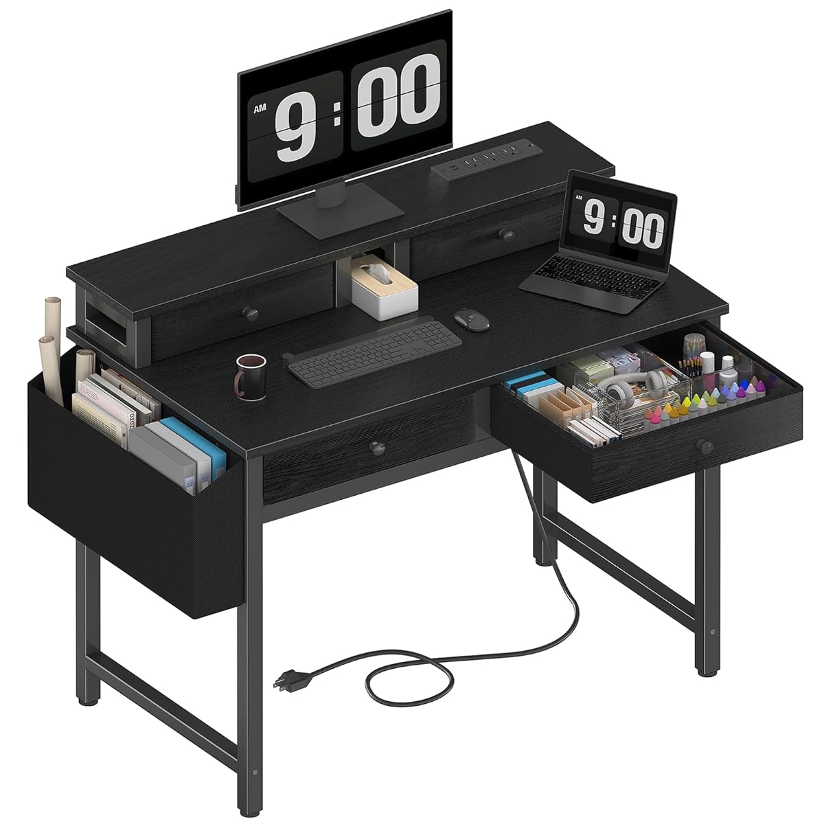 Small Desk with Drawers for Home Office Bedroom, 31 inch Black Writing Study Desks with Fabric Drawers Storage, Gaming Desk Table with Power Outlet & Monitor Stand, Black