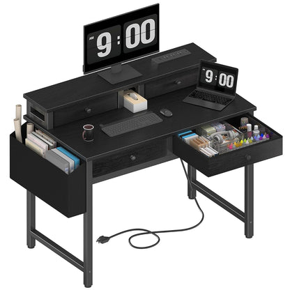 Small Desk with Drawers for Home Office Bedroom, 31 inch Black Writing Study Desks with Fabric Drawers Storage, Gaming Desk Table with Power Outlet & Monitor Stand, Black