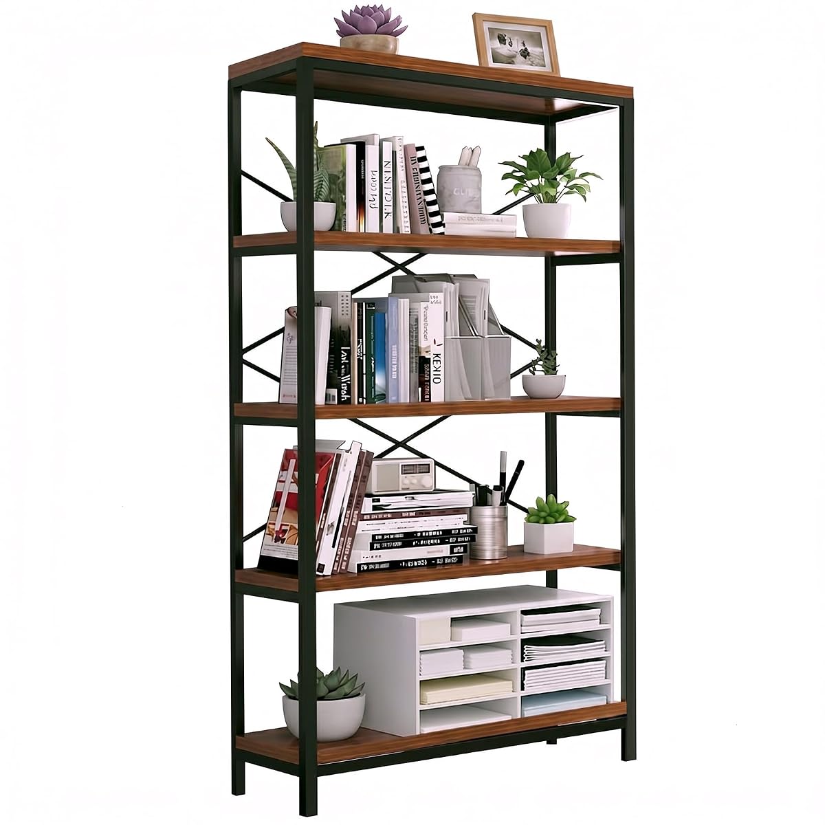Industrial Bookshelf 5-Tier, Bookcase 58" H Ladder Shelf, Storage Shelves Rack Shelf Unit, Accent Furniture Metal Frame, Home Office Furniture for Bathroom, Living Room, Vintage Brown