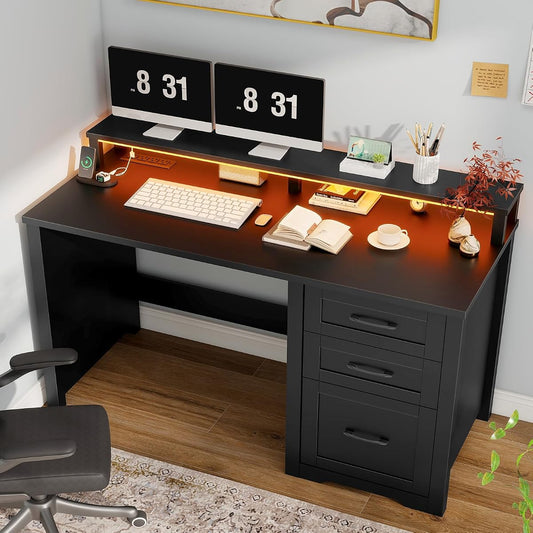 47" Farmhouse Executive Desk with 3 Drawers,LED Lights,Pure Black