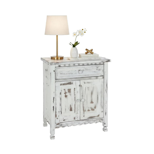 Country Cottage Accent Cabinet with Drawer, Adjustable Shelf & 2 Doors – Modern Farmhouse Sideboard Buffet Storage Cabinet for Living Room, Dining Room or Entryway (White Antique)