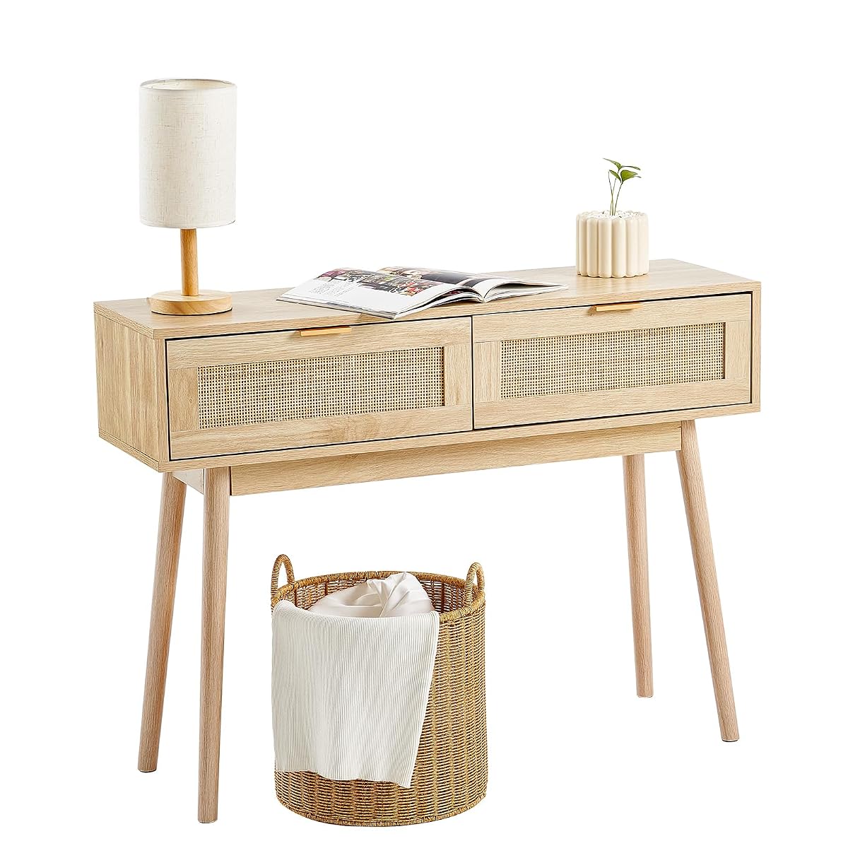 Rattan Console Table with 2 Storage Drawers, Rattan Entryway Table with Natural Rattan Sliding Door, Console Sofa Table for Living Room, Study, Entryway Or TV Wall, Natural