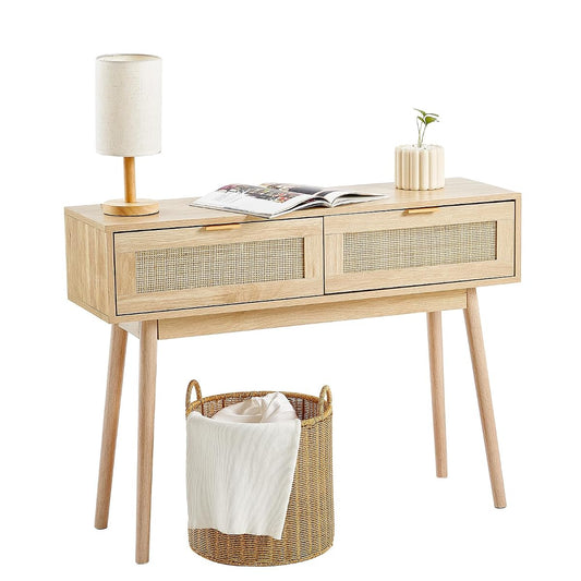 Rattan Console Table with 2 Storage Drawers, Rattan Entryway Table with Natural Rattan Sliding Door, Console Sofa Table for Living Room, Study, Entryway Or TV Wall, Natural