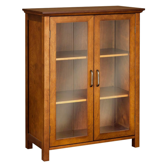 Avery Wooden Freestanding Floor Cabinet with 2 Adjustable Shelves 3 Storage Spaces 2 Glass Paneled Doors and 2 Antique Brass Knobs, Oiled Oak | Freestanding, 2 Adjustable Shelves, 3 Storage Spaces, 2 Glass Paneled Doors, 2 Antique Brass Knobs