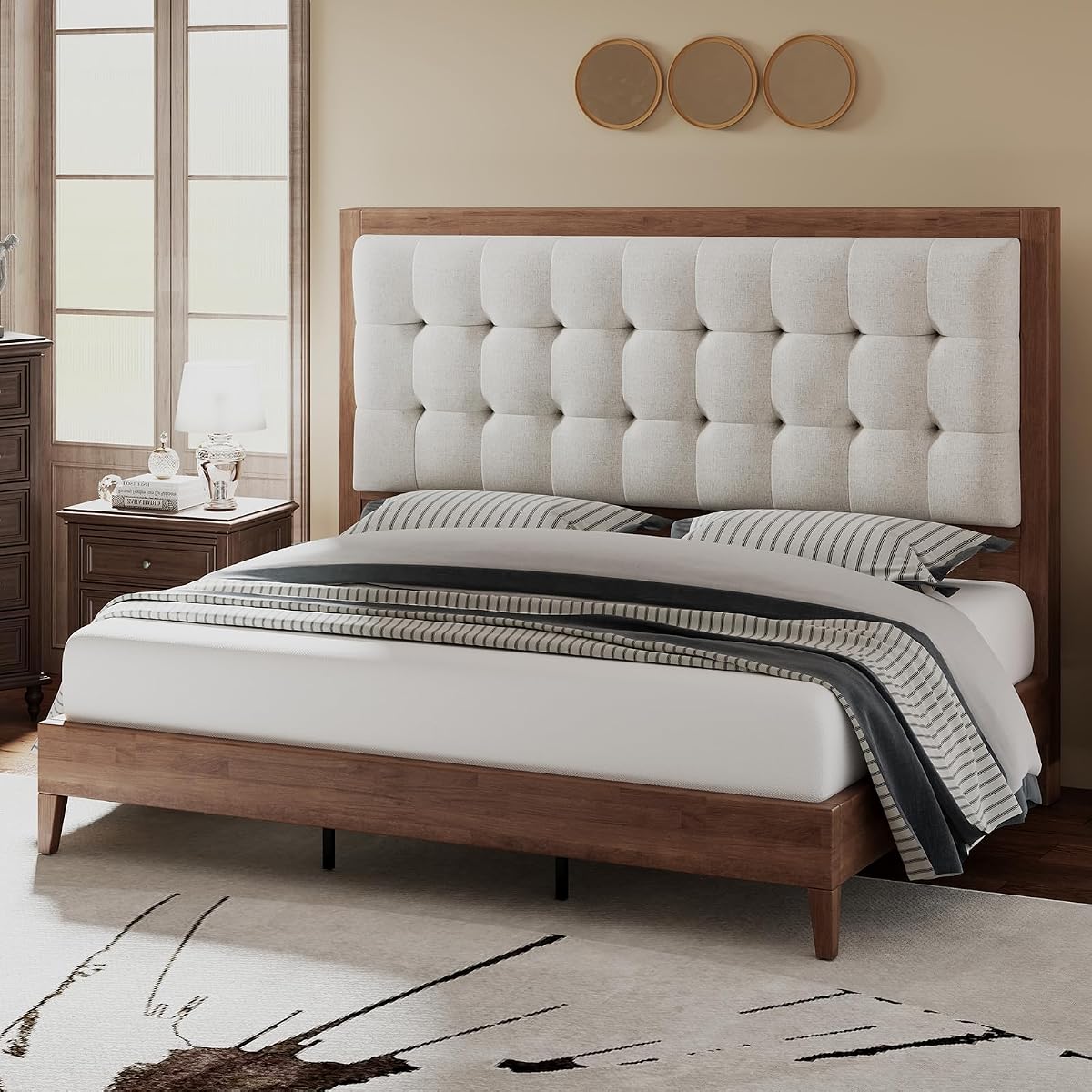 Queen Bed Frame Solid Wood,50" Tall Upholstered Headboard,Walnut