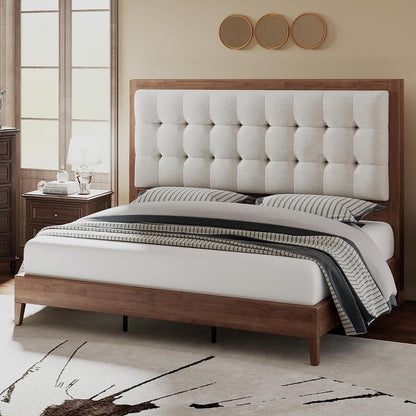 Queen Bed Frame Solid Wood,50" Tall Upholstered Headboard,Walnut