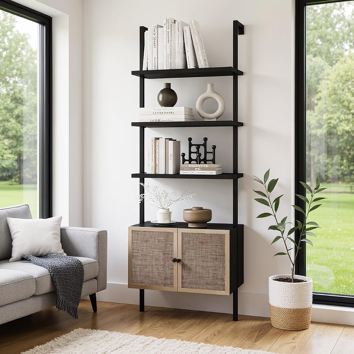 Rattan Bookcase, 6 Tier Ladder Bookshelf with Rattan Cabinet, Wall Mount Tall Bookshelves and Bookcases with Metal Storage Shelves Display for Living Room Bedroom Home Office, Black