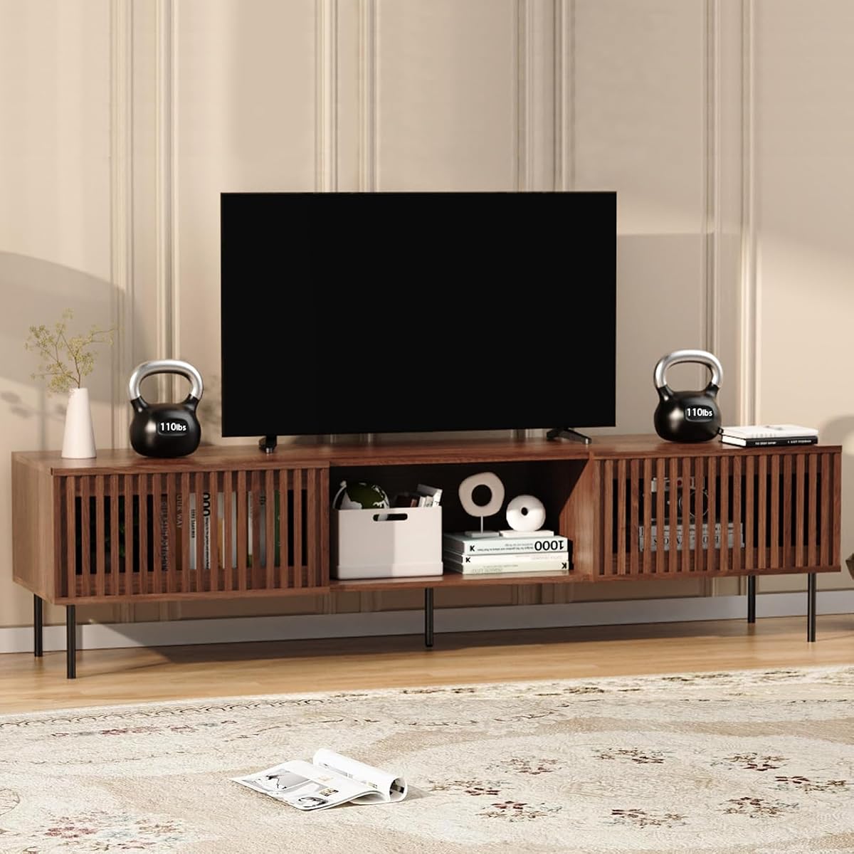 70 Inch Mid-Century Modern TV Stand for 55 to 80 Inch TVs, Slat Door