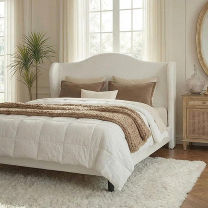 White Plush Velvet Wingback Queen Bed Frame
