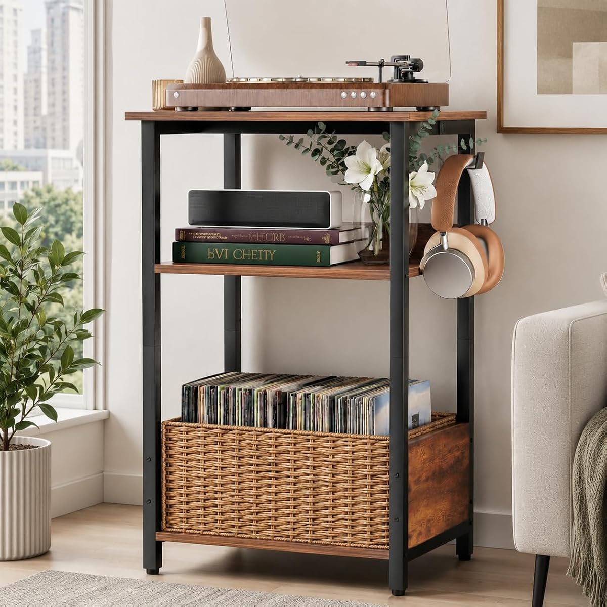 3-Tier Record Player Stand & Vinyl Storage Cabinet – Turntable Side/End Table