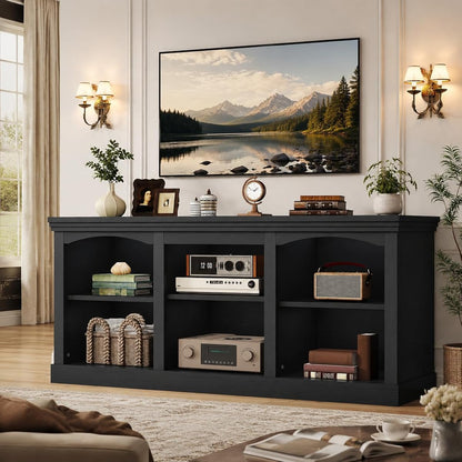 70" Farmhouse TV Stand with Storage for 75/80 Inch TVs, Black Oak
