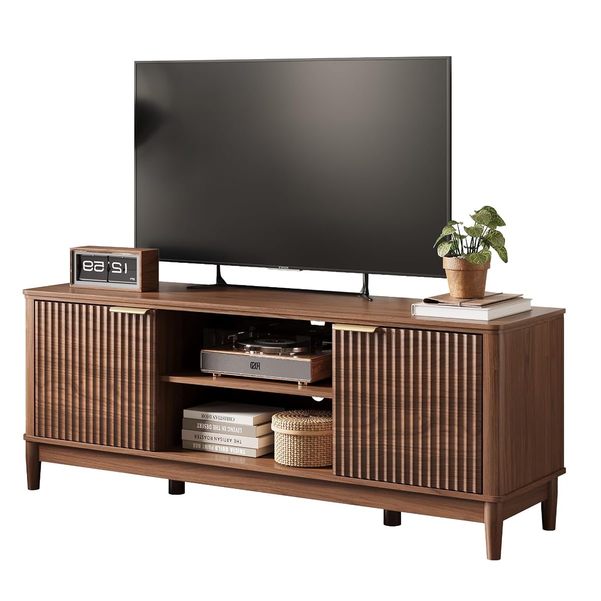 Mid Century Modern Fluted TV Stand for 65" TV, Walnut