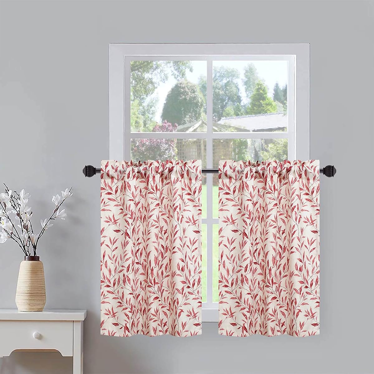 Kitchen Curtain Tiers for Bedroom, Top Pocket Home Decor 36 Inch Long Window Tier Valances for Porch Living Room, 2 Panels, 30X36 Inch, Red