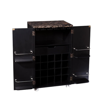 Cape Town Bar Cabinet w/Wine Storage, Faux Marble Countertop with Black Finish