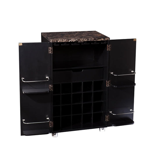 Cape Town Bar Cabinet w/Wine Storage, Faux Marble Countertop with Black Finish