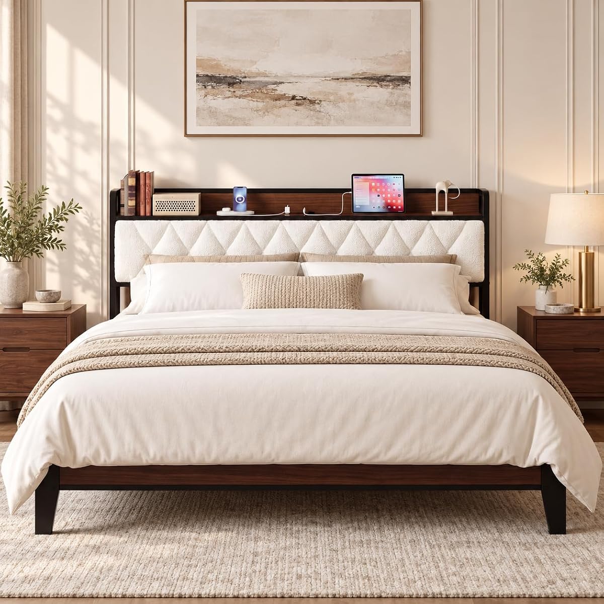 King Size Bed Frame with Headboard and Charging Station, Walnut