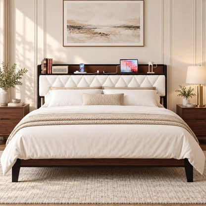 King Size Bed Frame with Headboard and Charging Station, Walnut