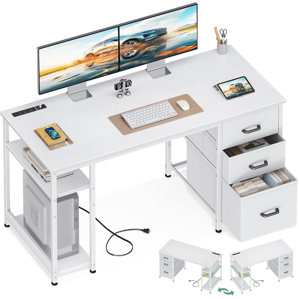 51 Inch White Computer Desk with Drawers & USB Power Outlets