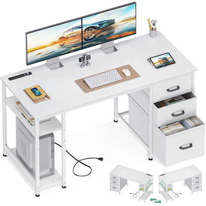 51 Inch White Computer Desk with Drawers & USB Power Outlets