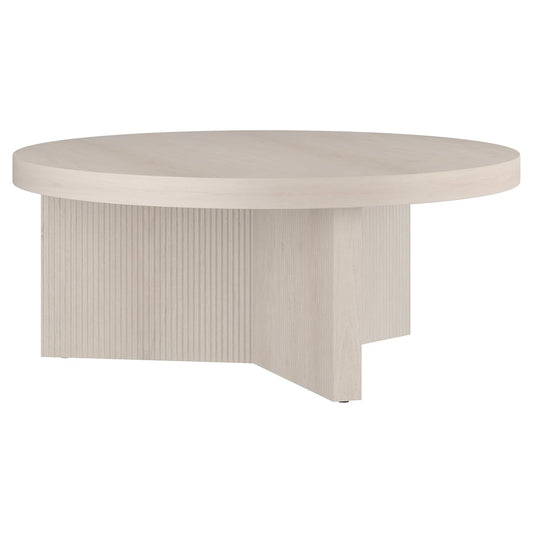 36" Fluted Round Low-Profile Coffee Table with Ribbed Pedestal Base for Living Room, Family Room, or Office, Beech White