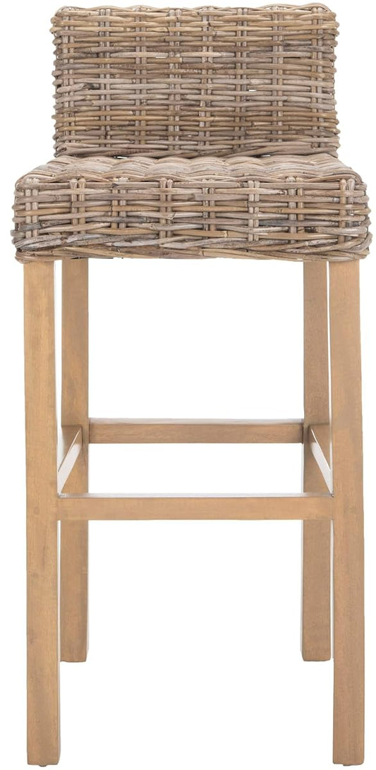 SAFAVIEH Furniture - Cypress Bar Stool - 29.72" Seat Height - Natural Unfinished & Taupe - Mango Wood - Coastal Saddle Design - Ideal for Kitchen, Bar Area, Dining Room - Fully Assembled (FOX6502B)