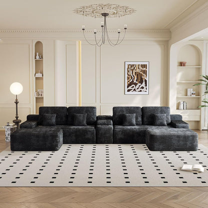 150" U-Shaped Oversized Corduroy Modular Sectional Sofa with 2 Ottomans and Multi Functional Console, 6-Seater Upholstered Couch with USB and 2 Cup Holder, Easy Assembly, for Living Room, Black