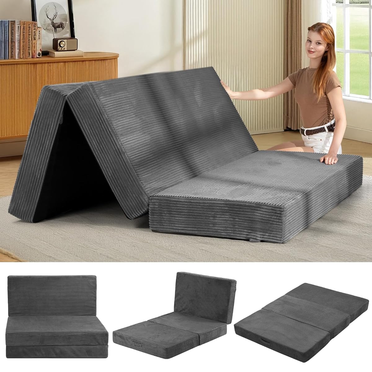 6-Inch Tri-Folding Mattress Queen Size - Foldable Futon Sofa Bed with Removable Washable Cover, Folding Futon Mattress | Non-Slip Bottom & Carry Handles for Guest, Camping, Dorm