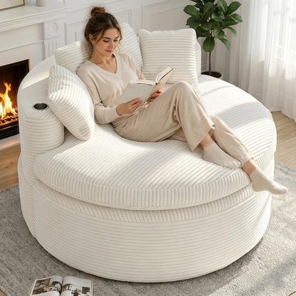 Oversized Round Chair Lounge Chaise, 58'' Corduroy Sofa Bed, Beige