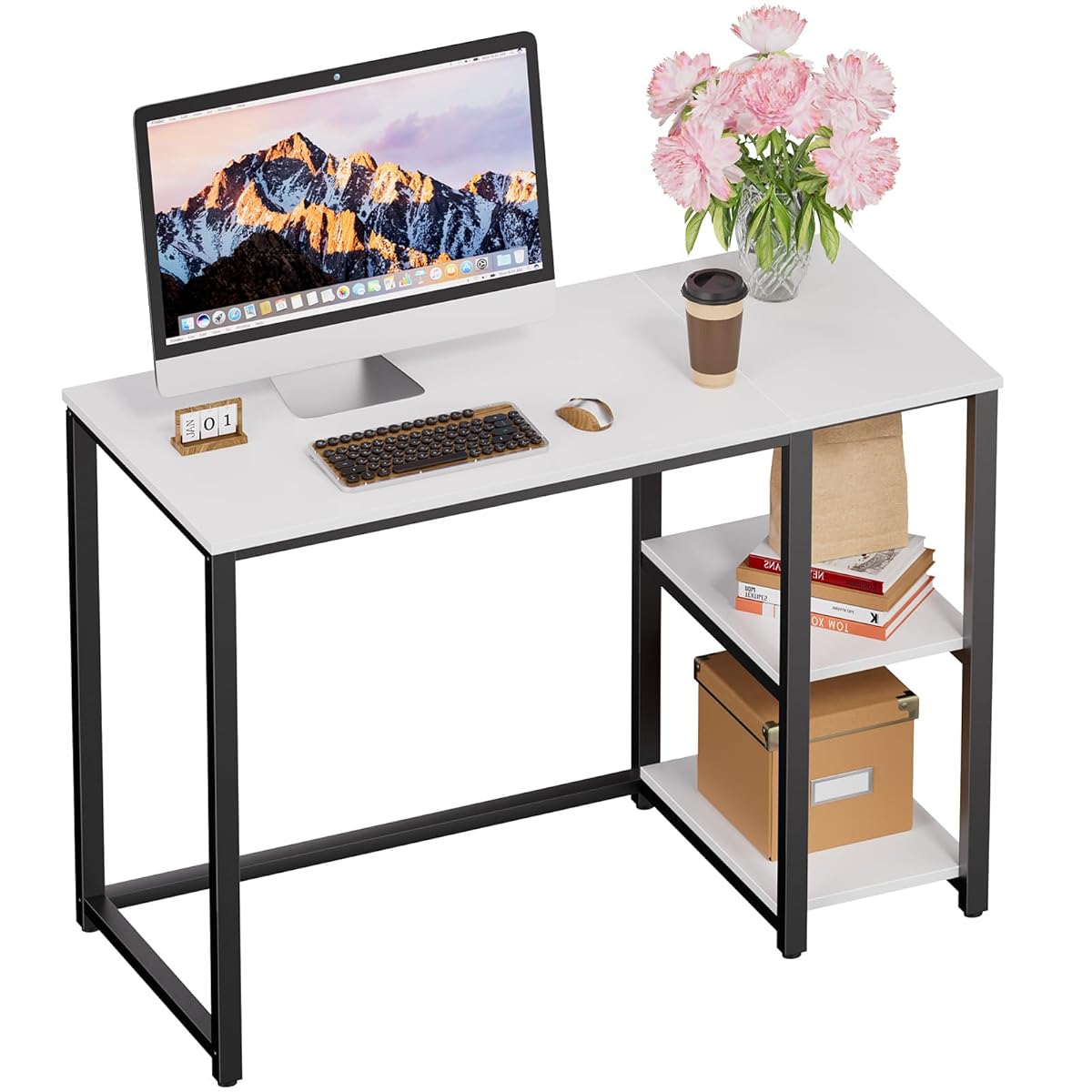40 Inch Small Computer Desk with Shelves for Small Spaces, Easy Assembly Study Desk, Sturdy Writing Desk for Bedroom & Home Office, Cream White