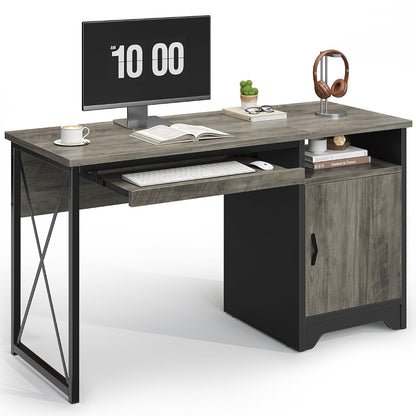 47-Inch Office Desk with Storage Cabinet & Keyboard Tray, Grey