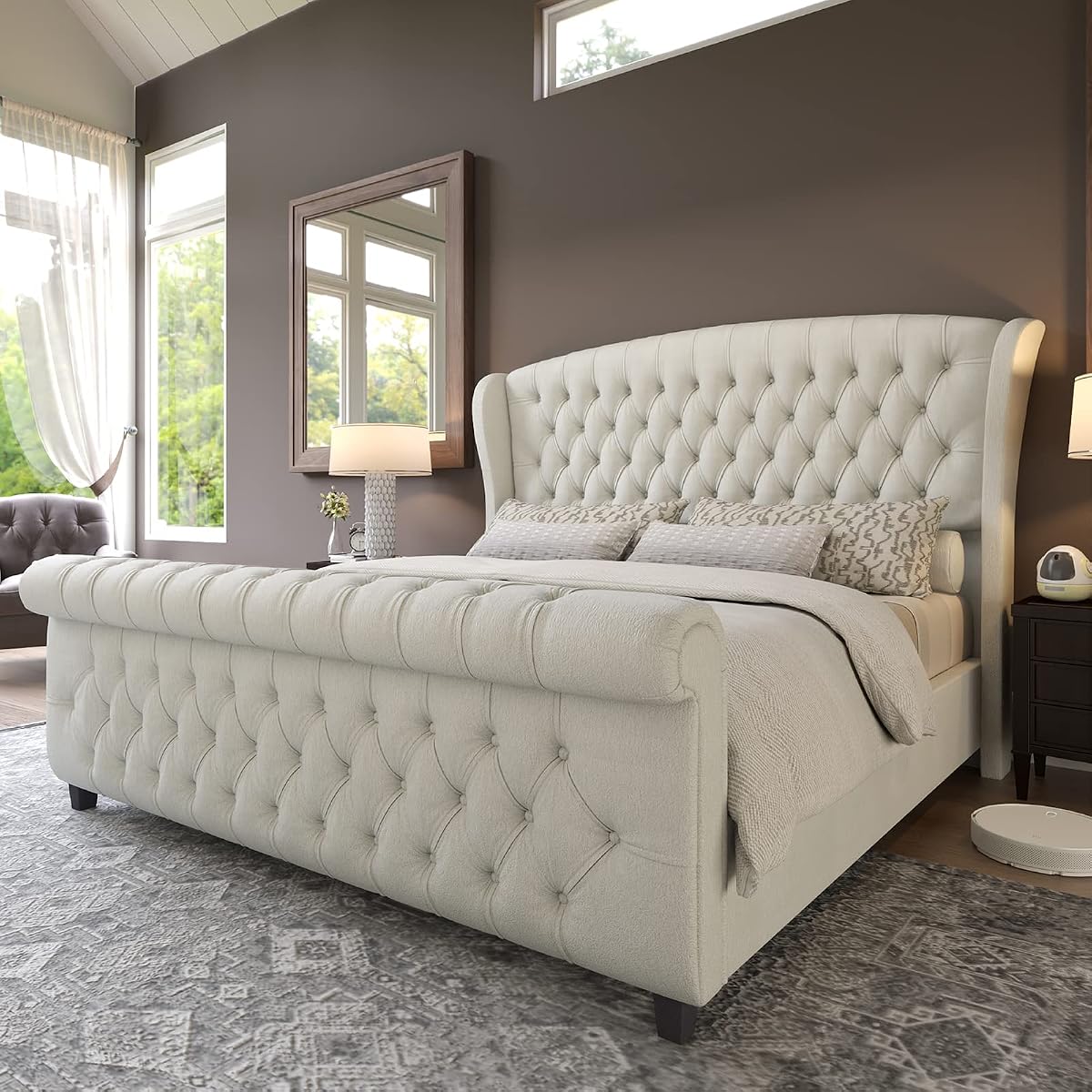 Queen Size Upholstered Sleigh Bed Frame with Wingback Headboard