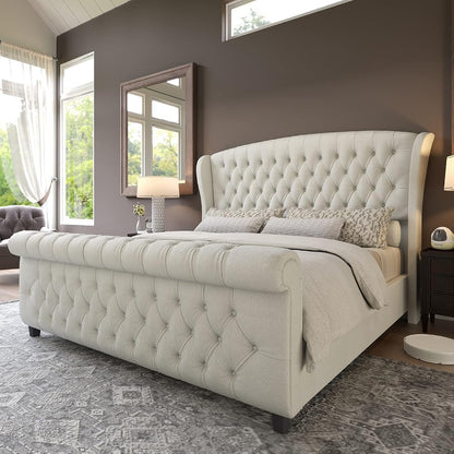 Queen Size Upholstered Sleigh Bed Frame with Wingback Headboard