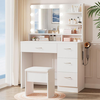 White Makeup Vanity Desk with Charging Station & 4 Drawers