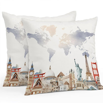 World Map Waterproof Outdoor Pillow Covers Set of 2 Home Decor, Famous Building Tourism Landscape Pillowcase Patio Pillow Covers for Couch Bench Patio Furniture Garden 26x26in