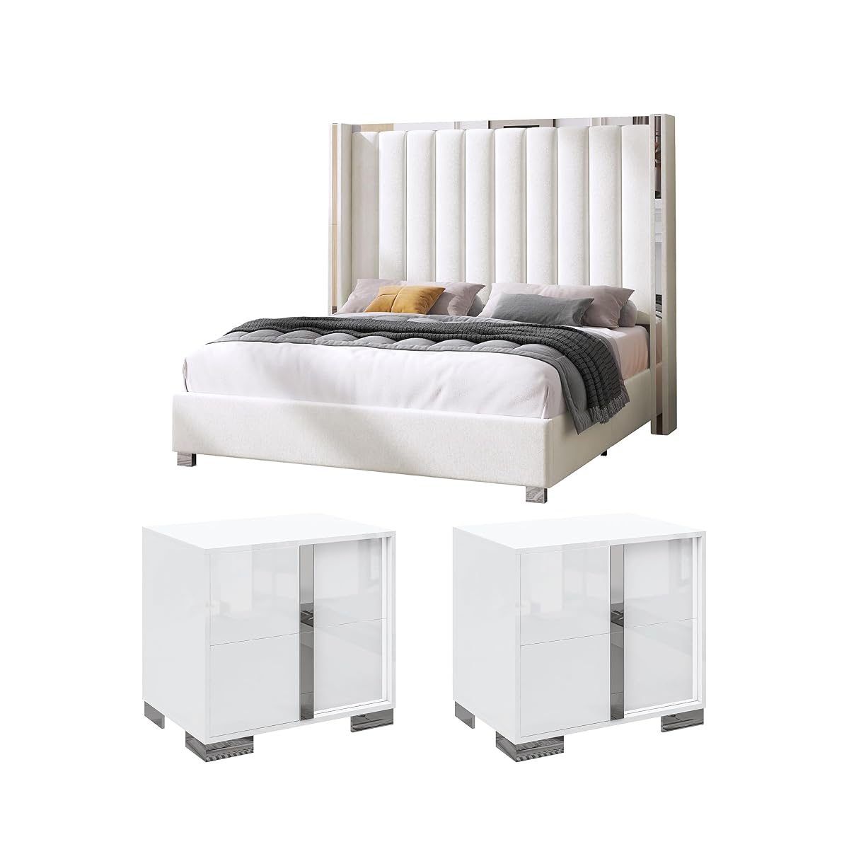 3-Piece Modern Bedroom Set Queen – Cream Upholstered Bed Frame with 58" Wingback Headboard and 2 White Nightstands