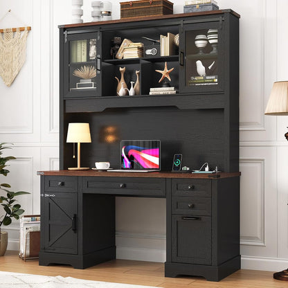 76" Height Farmhouse Desk with Sliding Door Hutch
