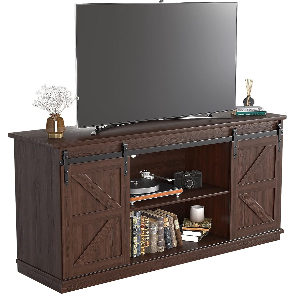 TV Stand for 65 Inch TV, Entertainment Center with Storage Cabinets and Sliding Barn Doors, Mid Century Modern Media TV Console Table for Living Room Bedroom (Brown)